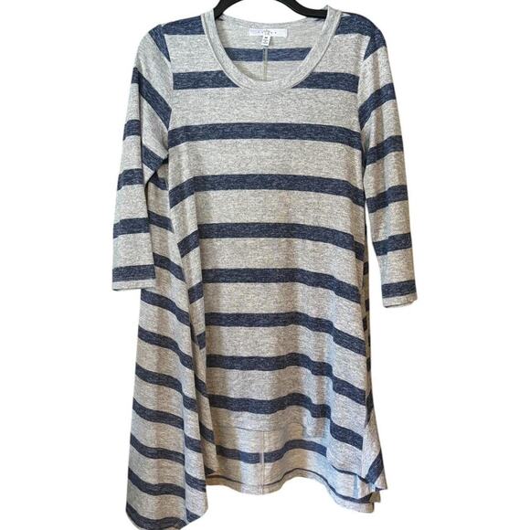 Navy Blue & Gray Striped ALine Dress 3/4 Sleeves Asymmetrical Hem Lightweight - Picture 1 of 6